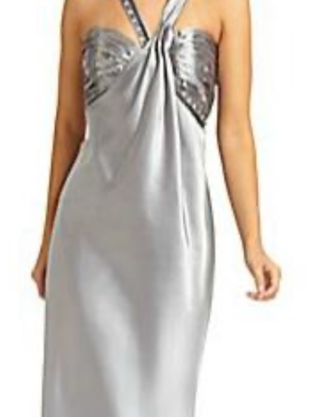 ABS Allen Schwartz Silver Satin Slip Dress with Embellished Bust